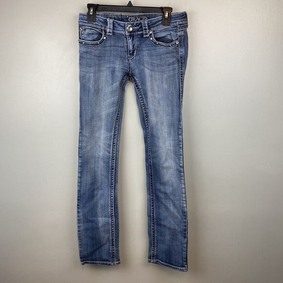 Grace in LA Jeans Womens 27 Blue Embellished Bootcut Rhinestone Pockets Denim - Picture 1 of 13